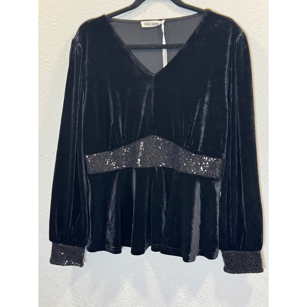 Grace Karin Women Black Velvet Peplum Top Sequin Waist V-Neck Long Sleeve Blouse